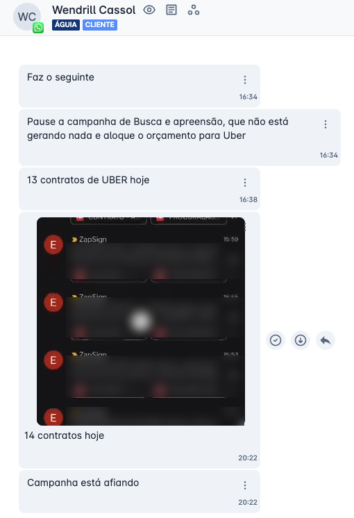 Conversa com o cliente Wendrill: 13 contratos de Uber hoje, 14 contratos hoje